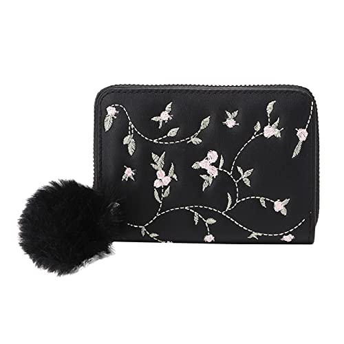 Damen-Geldbörse, Blumenmuster, Stickerei, neues Muster, Reißverschluss, praktische mehrschichtige Tasche, Kuh-Geldbörse (Schwarz, Einheitsgröße) von Generisch