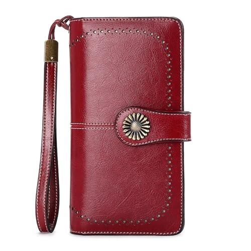Damen Geldbörse Modische Einfache Lange Groß Vintage Leder Geldbörsen Frauen Kreditkartenhalter RFID Brieftasche Leder Portmonee mit Fächern Abnehmbarer Handschlaufe Mehreren Kartenfächern(A) von Generisch