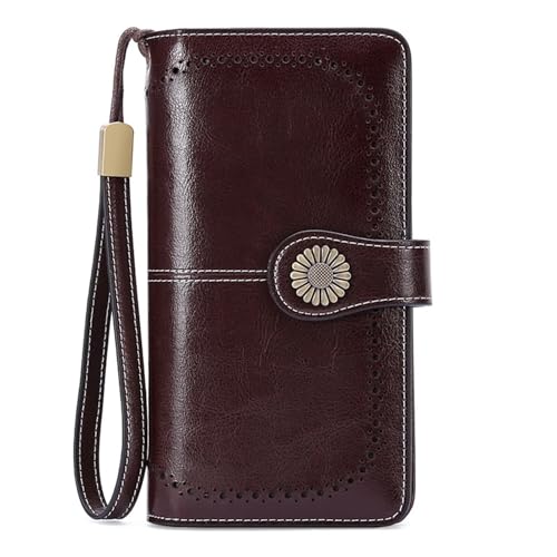 Damen Geldbörse Modische Einfache Lange Groß Vintage Leder Geldbörsen Frauen Kreditkartenhalter RFID Brieftasche Leder Portmonee mit Fächern Abnehmbarer Handschlaufe Mehreren Kartenfächern(N) von Generisch