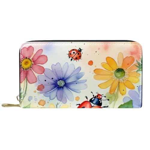 Damen-Geldbörse mit Reißverschluss und Handy-Clutch, Aquarell-Blumen und Marienkäfer, Reise-Geldbörse, Leder, Clutch, Kartenhalter, Organizer, Handgelenke, mehrfarbig, Einheitsgröße von Generisch