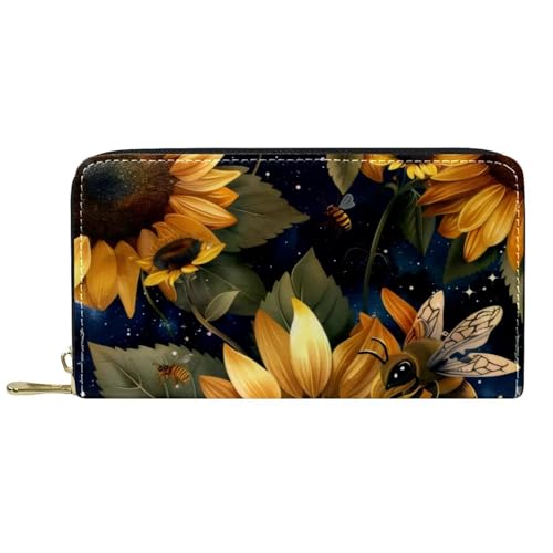Damen-Geldbörse mit Reißverschluss und Handy-Clutch, Bienenstern-Sonnenblumen, Reise-Geldbörse, Leder, Clutch, Kartenhalter, Organizer, Handgelenke, mehrfarbig, Einheitsgröße von Generisch