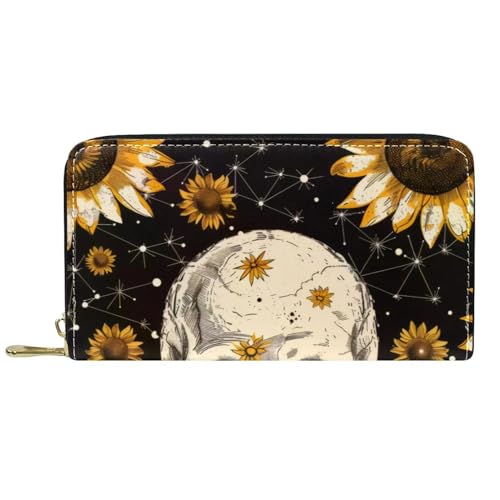 Damen-Geldbörse mit Reißverschluss und Handy-Clutch, Sonnenblumen-Schädel, Reise-Geldbörse, Leder, Clutch, Kartenhalter, Organizer, Handgelenke, mehrfarbig, Einheitsgröße von Generisch