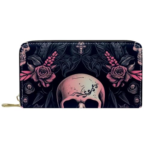 Damen-Geldbörse mit Reißverschluss und Handy-Clutch, dunkle Punk-Totenkopf-Blumen, Reise-Geldbörse, Leder, Clutch, Kartenhalter, Organizer, Handgelenke, mehrfarbig, Einheitsgröße von Generisch