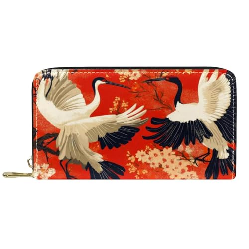 Damen-Geldbörse mit Reißverschluss und Handy-Clutch, roter Kranichhintergrund, Reise-Geldbörse, Leder, Clutch, Kartenhalter, Organizer, Handgelenke, mehrfarbig, Einheitsgröße von Generisch