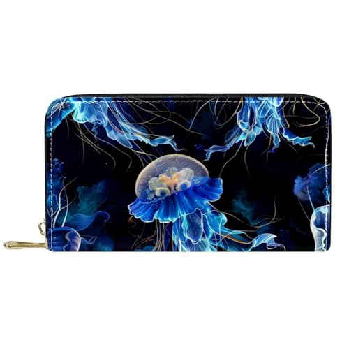 Damen-Geldbörse mit Reißverschluss und Handy-Clutch, schicker blauer Quallen-Druck, Reise-Geldbörse, Leder, Clutch, Kartenhalter, Organizer, Handgelenke, mehrfarbig, Einheitsgröße von Generisch