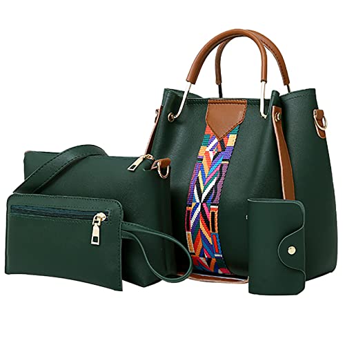 Damen Geldbörsen Schlüsselhalter Shoulder Bag 4Pcs Frauen Drucken Retro Einfarbig Muster Handtasche Umhängetasche Kartenpaket Handtaschen und Geldbörsen Set Schultertasche PU (Green, One Size) von Generisch