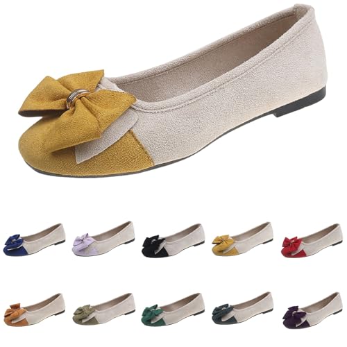 Damen Geschlossene Ballerinas Schleife Mokassin Weich Faux Wildleder Flach Spitze Pumps Runde Zehe Kleid Schuhe Komfort Slip On Klassische Sommerschuhe Bootsschuhe Walking Flats für Frauen von Generisch