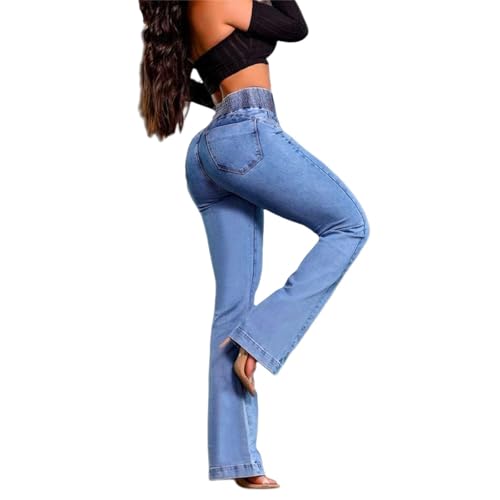 Damen Gesmokte High Rise Bootcut Jeans Stretch Denim Hose Butt Lifting Denim Pants Klassische Jeans mit Taschen, blau, L von Generisch