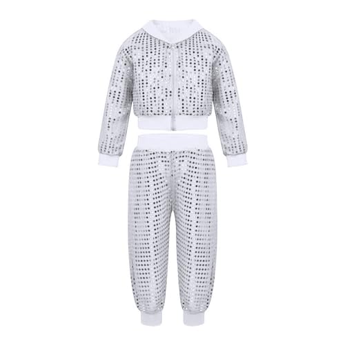 Damen Glänzende Metallic Trainingsanzug Jogginganzug Sportanzug Langarm Kapuzen Crop Top Cargohose 2er Hosenanzug Hausanzug Nachtclub Performance Tanzbekleidung Hip Hop Kleidung (Silver, XXXL) von Generisch