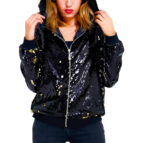 Damen Glitzer Jacke Bomberjacke mit Kapuze Pailletten Cardigan Jacke Langarm Party Club Metallic Sequin Jacken Rave Party Outwear Blazermantel Strickjacke Bikerjacke Übergangsjacke Damen Glitzer Jacke Bomberjacke mit Kapuze Pailletten Cardigan Jacke Langarm Party Club Metallic Sequin Jacken Rave Party Outwear Blazermantel Strickjacke Bikerjacke Übergangsjacke von Generisch