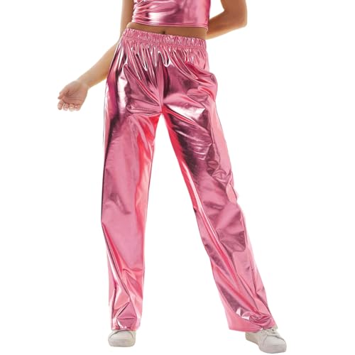 Damen Glitzer Metallic Hose 80er 90er Jahre High Waist Hologramm Hip Hop Jogginghose (001 Pink, M) von Generisch