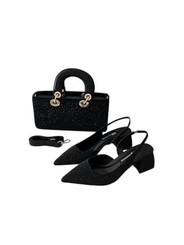 Damen Glitzer Slingback Heels mit passendem Handtaschen-Set, Schwarz , 39 EU von Generisch