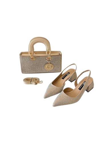 Damen Glitzer Slingback Heels mit passendem Handtaschen-Set, gold, 40 EU von Generisch