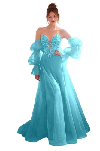 Damen Glitzer TüLl Ballkleid Langarm Ballkleid Prinzessin Formales Abendkleid Spitzenapplikationen Hochzeitskleid Aqua 7XL von Generisch