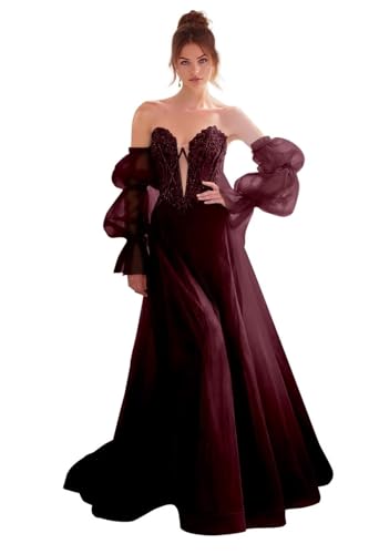 Damen Glitzer TüLl Ballkleid Langarm Ballkleid Prinzessin Formales Abendkleid Spitzenapplikationen Hochzeitskleid Burgundy 4XL von Generisch