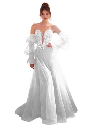Damen Glitzer TüLl Ballkleid Langarm Ballkleid Prinzessin Formales Abendkleid Spitzenapplikationen Hochzeitskleid White XL von Generisch