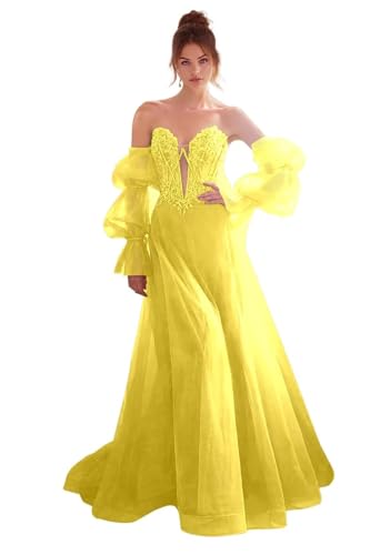 Damen Glitzer TüLl Ballkleid Langarm Ballkleid Prinzessin Formales Abendkleid Spitzenapplikationen Hochzeitskleid Yellow XS von Generisch