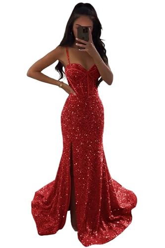 Damen Glitzernde V Ausschnitt Ballkleider Meerjungfrau Pailletten Taille Formale Abendkleider Geteilte Lange Partykleider Red S von Generisch