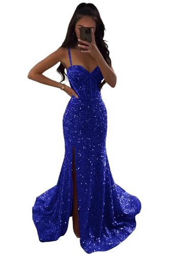 Damen Glitzernde V Ausschnitt Ballkleider Meerjungfrau Pailletten Taille Formale Abendkleider Geteilte Lange Partykleider Royal Blue S von Generisch