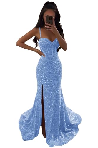 Damen Glitzernde V Ausschnitt Ballkleider Meerjungfrau Pailletten Taille Formale Abendkleider Geteilte Lange Partykleider Sky Blue S von Generisch
