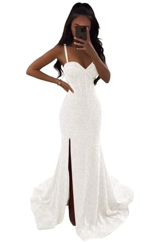 Damen Glitzernde V Ausschnitt Ballkleider Meerjungfrau Pailletten Taille Formale Abendkleider Geteilte Lange Partykleider White 3XL von Generisch