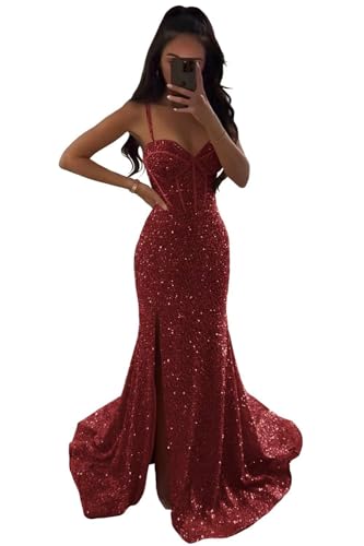 Damen Glitzernde V Ausschnitt Ballkleider Meerjungfrau Pailletten Taille Formale Abendkleider Geteilte Lange Partykleider Wine Red XS von Generisch