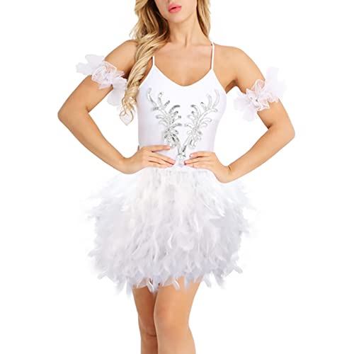 Damen Gothic Faux Feder Röcke Karneval Kostüm Tütü Röcke Elastische Taille Party Kurzer Federrock Tanz Rock Bühnenkostüm Damen Tüllrock 50er Rockabilly Petticoat Tutu Unterrock Tanzrock (d-White, M) von Generisch