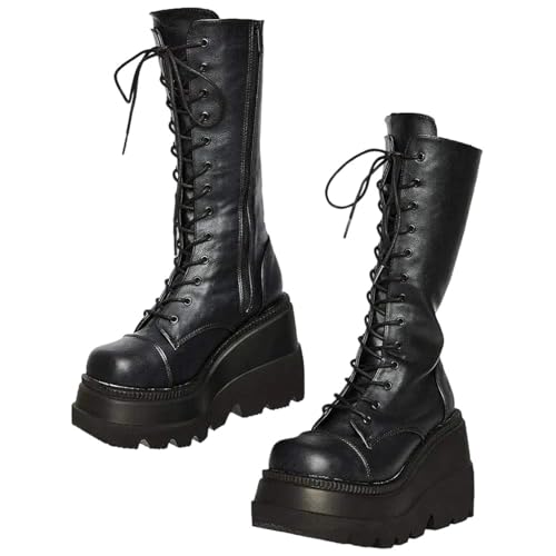 Damen Gothic Mid-Calf Boots mit rundem Zehen-Keilabsatz und Plateau-Schnürung vorne mit seitlichem Reißverschluss für alternative Party-Looks, Schwarz , 40.5 EU von Generisch