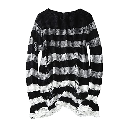 Damen Gothic Punk Grunge Pullover Langarm Rundhals Oversize Gestreifte Zerrissene Lange Strickpullover Pulloverkleid Longpullover Oberteile Tops von Generisch