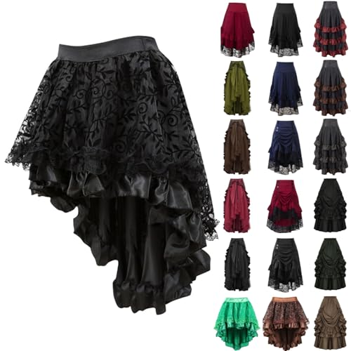 Damen Gothic Rock Schwarz Steampunk Mittelalter High-Low Saum Lang Mehrlagig Tüllrock Satin Schnürung Piratenrock Spitzenrock Vampir Hexe Trachtenrock Tüllkleid Renaissance Viktorian Grau Rot M Xs 3xl von Generisch