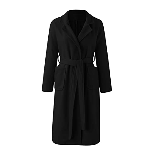 Damen Gürtel Wollmantel Lang Winter Wickelmantel Elegant Warm Mantel für Damen Klassische Zweireiher Wollmischung Oberbekleidung Mode Winter Trenchcoat mit Reverskragen, Schwarz , XL von Generisch