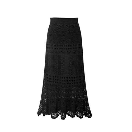 Damen Häkelrock Strickspitze Maxirock Boho Langer Rock Y2k Dehnbar Hohe Taille Hohl A-Linie Rock Lose Große Größe, Schwarz , 3XL von Generisch