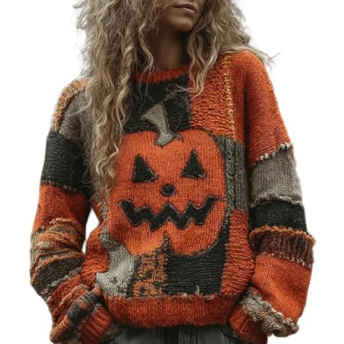 Damen Halloween Horror Gruselgesicht Kürbis Patchwork Strick Gemütlich Sweatshirt Lustiges Top, tangerine, M von Generisch