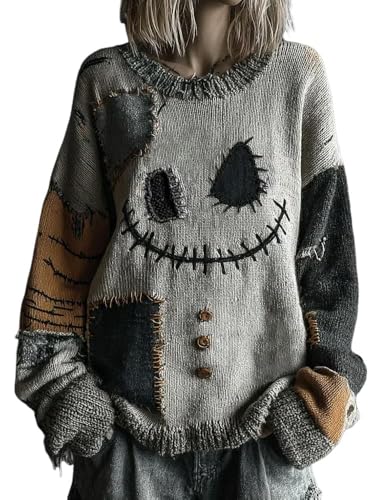 Damen Halloween Horror Gruseliges Gesicht Strickpullover Gemütlich Lustig Top, asche, XL Damen Halloween Horror Gruseliges Gesicht Strickpullover Gemütlich Lustig Top, asche, XL von Generisch
