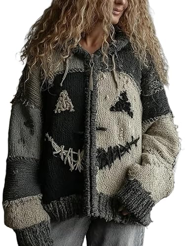 Damen Halloween Horror Gruseliges Gesicht Strickpullover Gemütlich Lustig Top, dunkel, M von Generisch