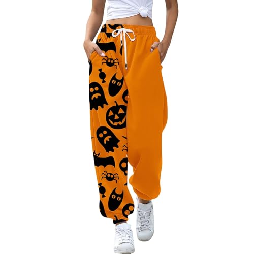 Damen Halloween Print Sweatpants hohe Taille Loungehose Cinch Bottom Lang Sweatpants mit Taschen Teenager Mädchen Bequeme Freizeithose Trendy Elastic Trainninghose Übergröße Halloween-Kostüme von Generisch