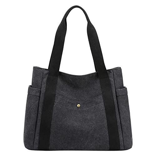 Damen-Handtasche aus Segeltuch, mehrere Taschen, Retro, lässig, Schultertasche, Tragegriff oben, Wochenend-Tragetasche für Damen, Schwarz , Einheitsgröße Damen-Handtasche aus Segeltuch, mehrere Taschen, Retro, lässig, Schultertasche, Tragegriff oben, Wochenend-Tragetasche für Damen, Schwarz , Einheitsgröße von Generisch