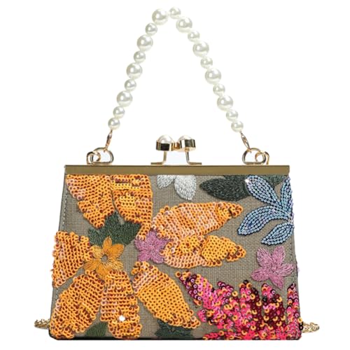 Damen-Handtasche aus Stroh, mit Perlenkette, Stickerei, Pailletten-Clip, Tasche für Abend- und Freizeitkleidung, gelb, 190*150*60mm von Generisch