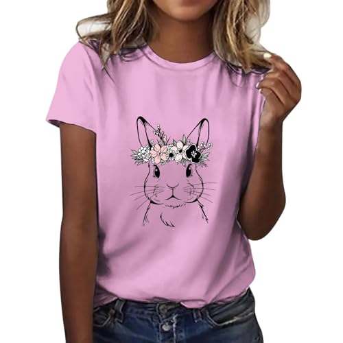 Damen Hase|Ostern Bunny T-Shirt Mit Rundhalsausschnitt Süßes Kaninchen Bedrucken Osterhase Rabbit Tshirt Teenager Mädchen Sommer Tops Frauen Osterhasen Kostüm Basic T Shirt von Generisch