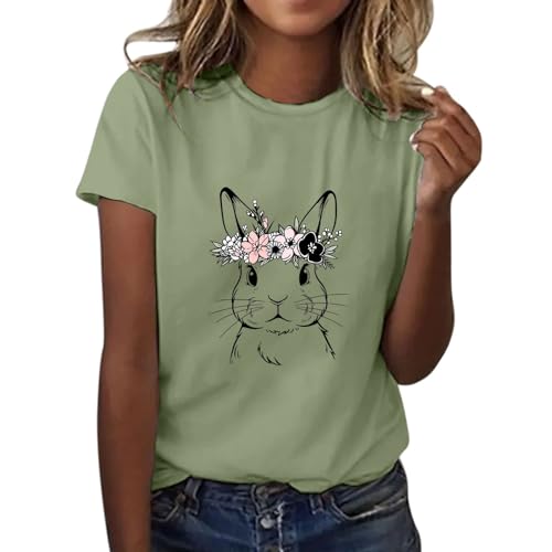 Damen Hase|Ostern Bunny T-Shirt Mit Rundhalsausschnitt Süßes Kaninchen Bedrucken Osterhase Rabbit Tshirt Teenager Mädchen Sommer Tops Frauen Osterhasen Kostüm Basic T Shirt von Generisch