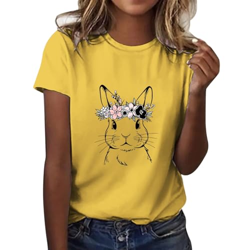 Damen Hase|Ostern Bunny T-Shirt Mit Rundhalsausschnitt Süßes Kaninchen Bedrucken Osterhase Rabbit Tshirt Teenager Mädchen Sommer Tops Frauen Osterhasen Kostüm Basic T Shirt von Generisch