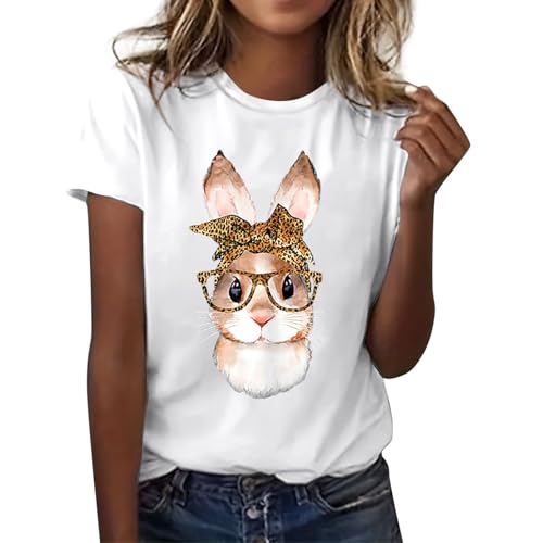 Damen Hase|Ostern Bunny T-Shirt Mit Rundhalsausschnitt Süßes Kaninchen Bedrucken Osterhase Rabbit Tshirt Teenager Mädchen Sommer Tops Frauen Osterhasen Kostüm Basic T Shirt von Generisch