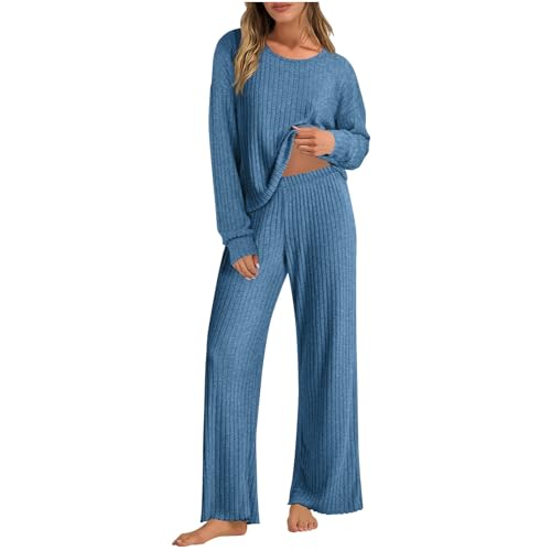 Damen Hausanzug Kuschelig 2 Teilig Baggy Strick Set Damen Zweiteiler Zuhause Hosenanzug Elegant 2 Teiler Geripptes Strickanzug Weites Bein Anzug Frauen Einfarbig Loungewear Freizeitanzug von Generisch