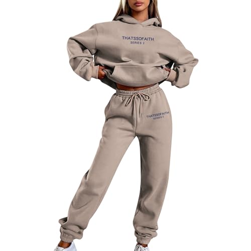 Damen Hausanzug Winter Fleece Warm Sweatshirt Outdoor Jogginghose Casual Elastisch Taille Outdoorhosen Frauen Freizeitanzug Mit Tunnelzug Lässig Modische Einfach Freizeit Jogginganzug (Khaki, M) von Generisch