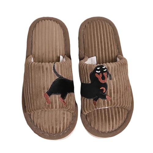 Damen-Hausschuhe, flauschig, bequem, mit süßem Katzen-Print, offene Zehenpartie, flach, für den Innenbereich, für Damen, gemütliche - Winterschuhe (Brown, 41) von Generisch