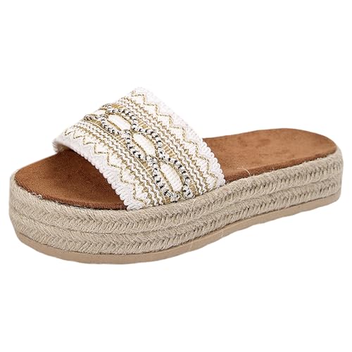 Damen Hausschuhe Mit Fussbett Plateau Rutschfeste Latschen Bequeme Fußbett Espadrilles Sandaletten Bohemia Pantoletten Offen Schlappen Sommer Lässige Leinensandalen Strand Reise Urlaub Slipper von Generisch