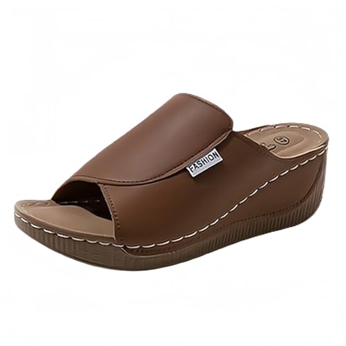 Damen Hausschuhe Retro Rundkopf Hohlkeilabsatz Leichte und Bequeme Freizeitsandalen Wasserfeste Schuhe Damen Plateauschuhe Bequeme Wanderschuhe Sandalen Ergonomische rutschfeste Sandalen (Khaki, 40) von Generisch