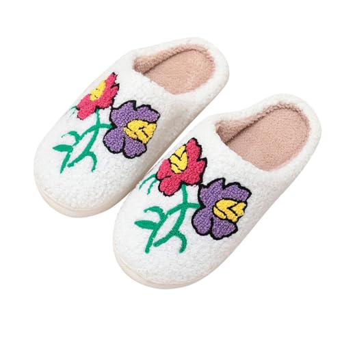 Damen Hausschuhe Rutschfeste Plüschschuhe Weicher Plüsch Fellinnenfutter Slipper Unisex Blumenmuster Bequeme Hüttenschuhe Drinnen Und Draußen Weiß 41.5 von Generisch