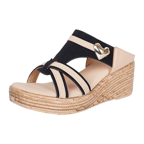 Damen Hausschuhe Sommerliche Plateau Pantoletten Bequeme Sandalen Open Toe Strandstylische Fußbekleidung für Frauen (Khaki, 40) von Generisch