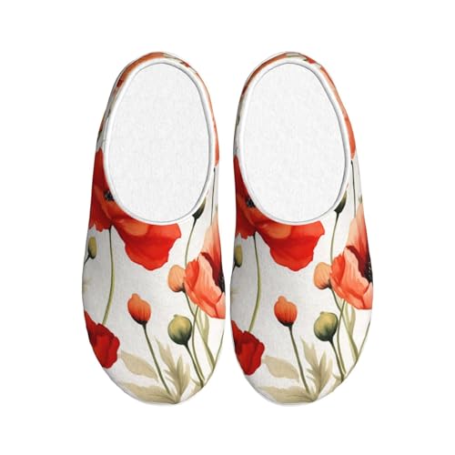 Damen-Hausschuhe mit Mohnblumen-Motiv, Flanell-Hausschuhe für Herren, floral, rutschfest, warm, Winterschuhe für drinnen und draußen, mehrfarbig, X-Small Men/ XX-Large Women von Generisch